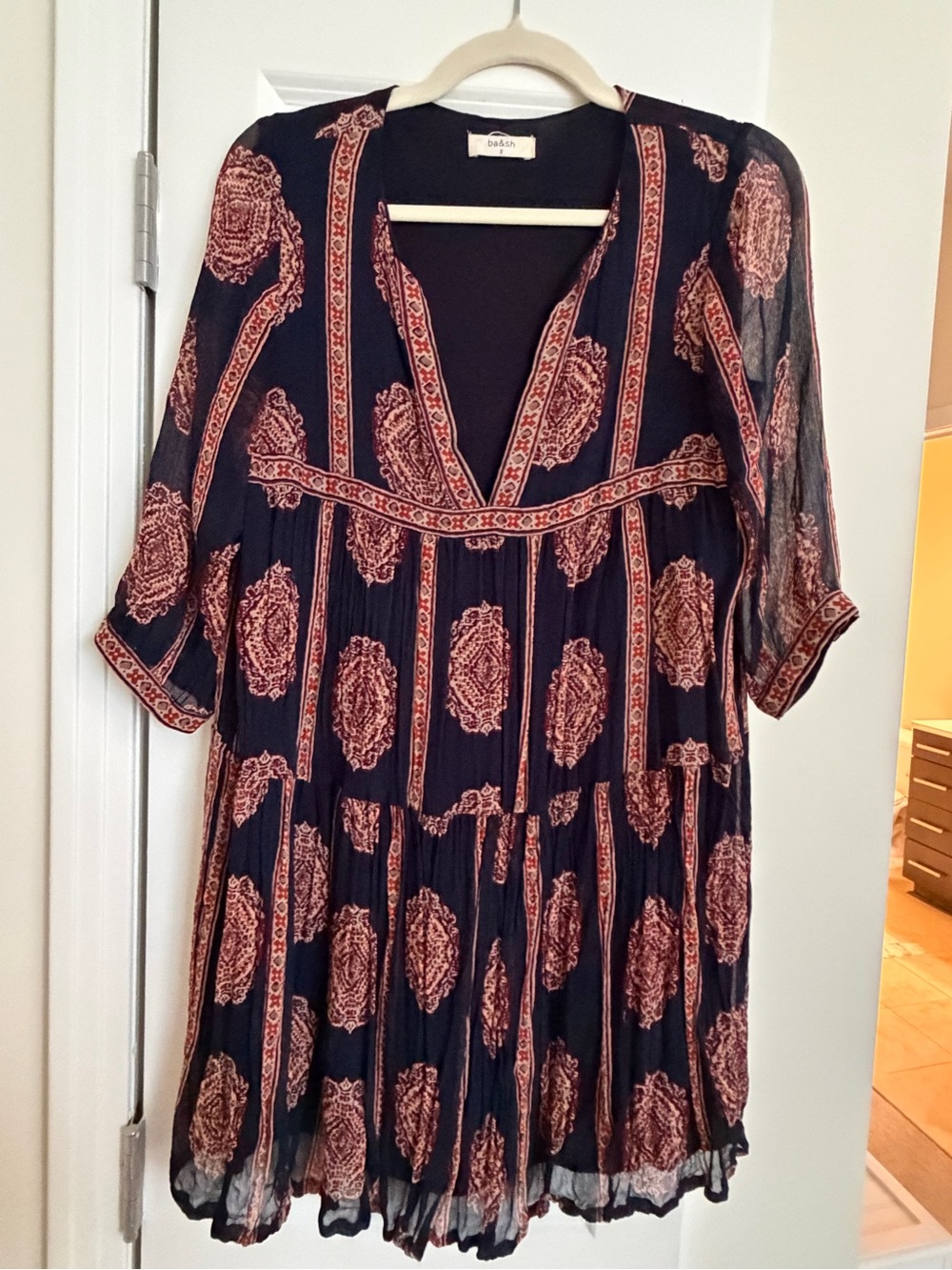 Ba&sh Navy and Rust Printed V-Neck Tiered Dress